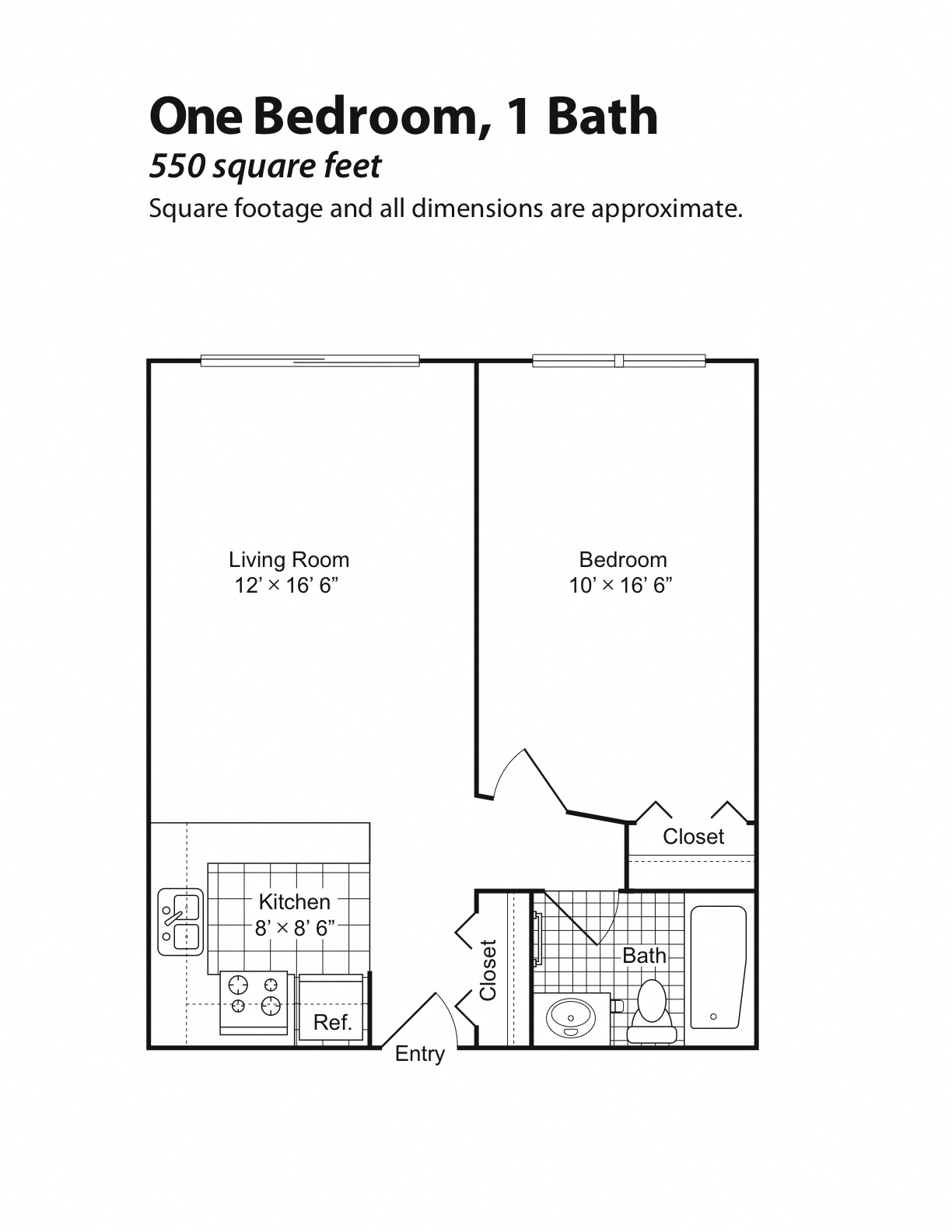 Floor plan for 1 bed, 1 bath, 537 sqft